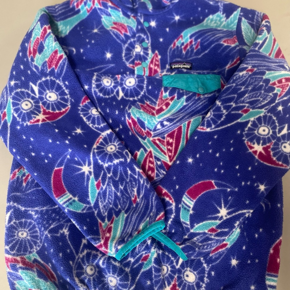 Patagonia unique owl print Multicolor Fleece Jacket with Turquoise Accents med